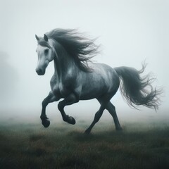 Obraz na płótnie Canvas black horse runs gallop in the field