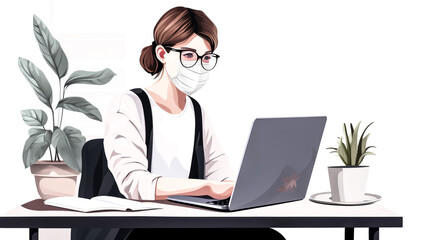 A woman wearing a mask talks on a video call in a busy city street. The sun sets behind the buildings as she stays connected.