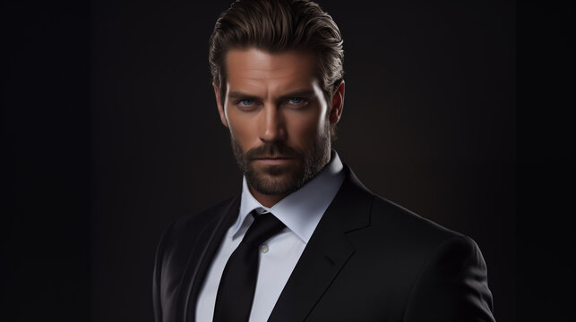 Close-up of a sophisticated man with blue eyes, sharp features, wearing a suit, tie, and white shirt, against a dark background.