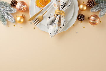 Elevate your Christmas dining experience. Top view photo of plates, cutlery, tree ornaments, frosty fir branches, cones, stars on beige background with promo zone - obrazy, fototapety, plakaty