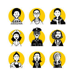Collection of 22 comic faces and people characters in yellow circle avatar drawing style. Gay, Lesbian, Bisexual and Transgender Activist Group LGBTQ, Queer, Straight