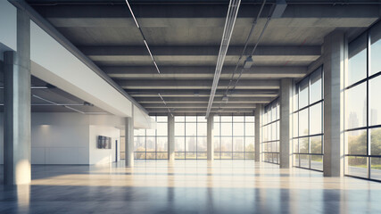 Large empty warehouse interior with windows and daylight. 3D Rendering
