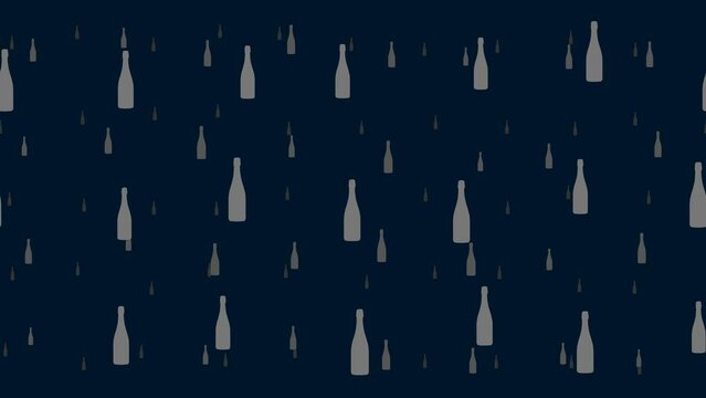 Champagne symbols float horizontally from left to right. Parallax fly effect. Floating symbols are located randomly. Seamless looped 4k animation on dark blue background
