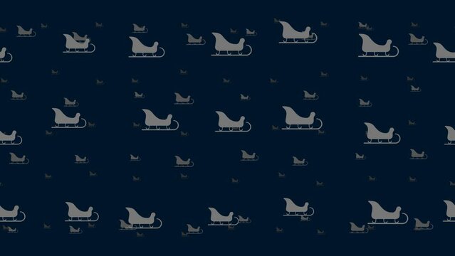 Sleigh symbols float horizontally from left to right. Parallax fly effect. Floating symbols are located randomly. Seamless looped 4k animation on dark blue background