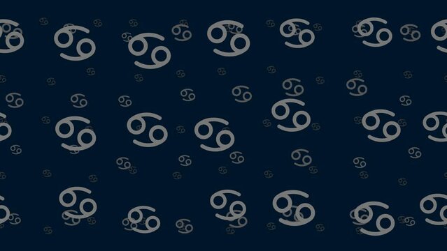 Cancer zodiac symbols float horizontally from left to right. Parallax fly effect. Floating symbols are located randomly. Seamless looped 4k animation on dark blue background