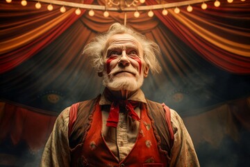 Obraz premium Charismatic Circus tent arena performer old man. Poster show. Generate Ai