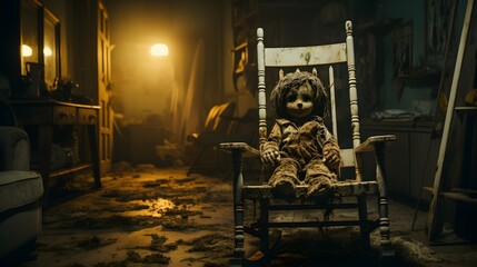 a doll sits in a rocking chair in a creepy room
