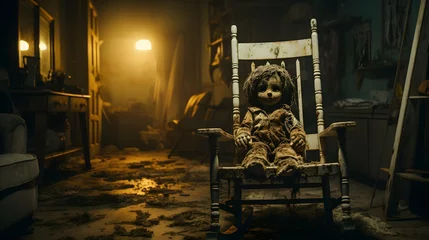 Fotobehang a doll sits in a rocking chair in a creepy room © Hamsyfr