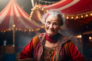 Obraz premium Circus tent arena performer old woman. Poster model. Generate Ai
