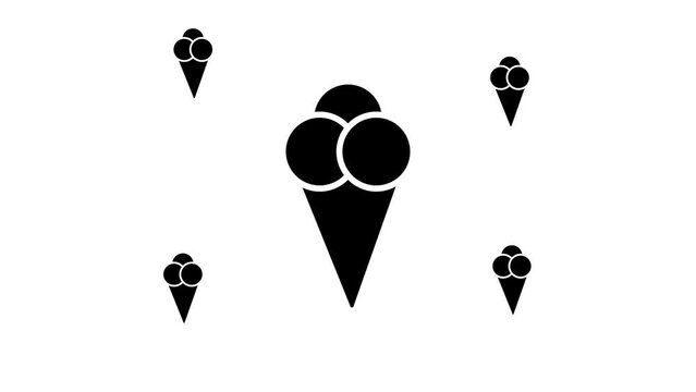 Zoom in and out animation the ice cream balls symbol. Large black symbol in the center and four small symbols around. Seamless looped 4k animation on white background