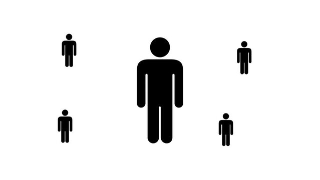 Zoom in and out animation the man symbol. Large black symbol in the center and four small symbols around. Seamless looped 4k animation on white background