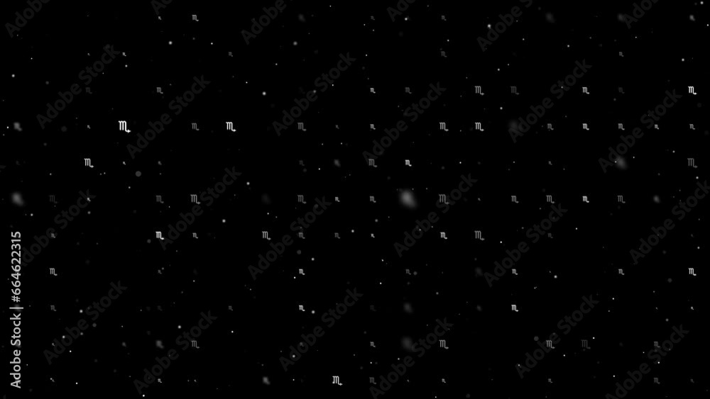 Poster template animation of evenly spaced zodiac scorpio symbols of different sizes and opacity. animation