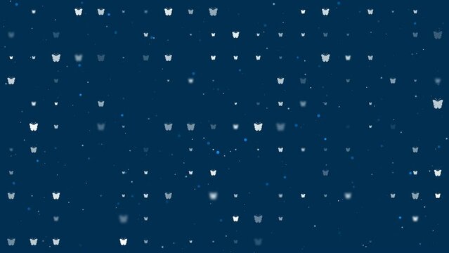 Template animation of evenly spaced butterfly symbols of different sizes and opacity. Animation of transparency and size. Seamless looped 4k animation on dark blue background with stars