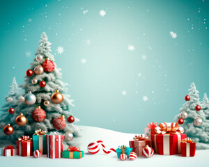 Modern Christmas tree with gifts boxes, presents and balls on a blue background. 3d New year concept for greeting card