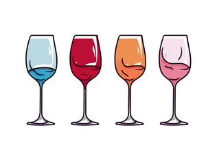 Doodle Four Cups of Wine, cartoon sticker, sketch, vector, Illustration, minimalistic