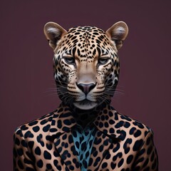 portrait of a leopard, jaguar in the animal print suit. 