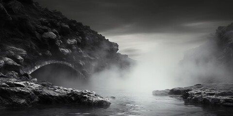 thermal spring, focus on textures and steam, mystery