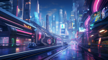 neon billboards, crowded market stalls, flying cars zipping overhead, dazzling lights, towering skyscrapers
