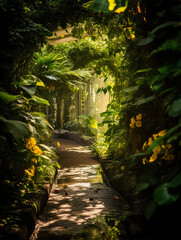 Lush Jungle Tunnel: Dense vegetation, dappled sunlight, birds and butterflies in flight, colorful flora, vibrant, organic details