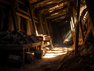 Old Mining Tunnel: Worn wooden support beams, scattered tools, shadows playing on the walls, dim lanterns lighting the way, earthy tones