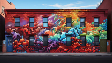 graffiti mural on a red brick wall in Brooklyn, vibrant colors, complex design, tags and throw -...