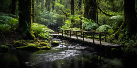 Rustic wooden boardwalk leading to a secluded thermal spring, surrounded by lush ferns and moss - obrazy, fototapety, plakaty