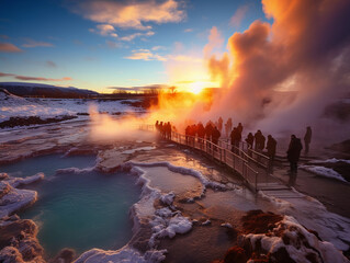 Thermal spring complex in Iceland, geysers erupting, people enjoying in pools