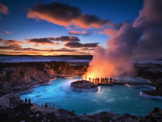 Thermal spring complex in Iceland, geysers erupting, people enjoying in pools - obrazy, fototapety, plakaty