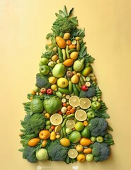 Christmas tree with fruits and vegetables on an isolated yellow background
