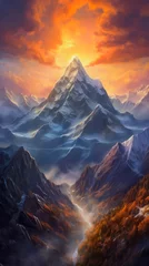 Foto op Canvas Incredible landscape of snowy mountain in the light of setting sun. © Hanna