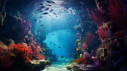 Fototapeta na wymiar Underwater Coral Tunnel: Photorealistic, diver's perspective, vibrant coral walls, schools of neon fish swimming, dappled sunlight filtering through water, shafts of light, serene atmosphere