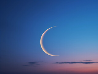 Softly lit, waning crescent moon just before sunrise, ethereal morning haze