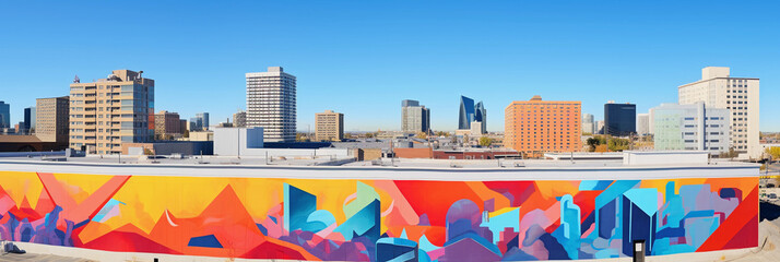 Urban mural featuring iconic city skyline, optical illusions, painted on the side of a high - rise,...