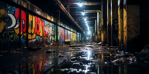 Abandoned Subway Tunnel: Grunge aesthetic, graffiti - covered walls, dim overhead lighting, puddles...