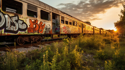 Abandoned train yard filled with graffiti - covered train cars, overgrown vegetation, golden hour,...