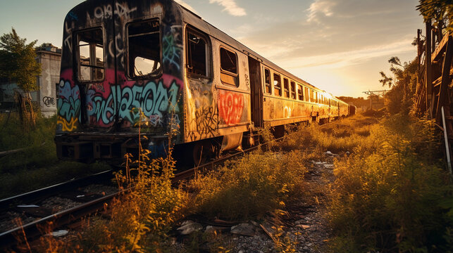 Abandoned train yard filled with graffiti - covered train cars, overgrown vegetation, golden hour, grunge aesthetic