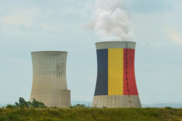 The Romanian flag is depicted on the cooling tower of the nuclear power plant