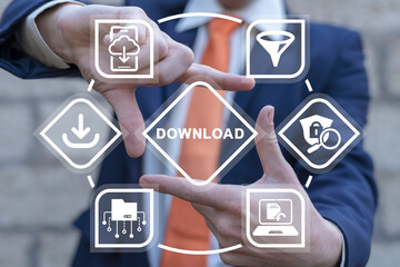 Man using virtual touchscreen sees word: DOWNLOAD. Concept of Download Data Storage Business Web Technology. Downloading.