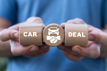 Car dealer using virtual touch screen sees inscription: CAR DEAL. Car business, sale, deal concept. Successful completion of car sales. Purchase contract and key delivery. - Powered by Adobe