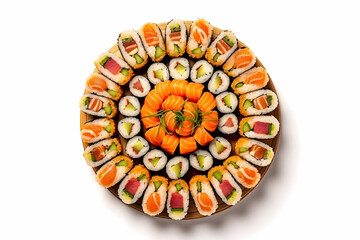 An Assortment of Fresh and delicious sushi rolls, isolated on white background, top view, ai generative