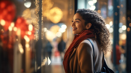 Attractive african american woman looking at Christmas decorations inside a store window joyfully - obrazy, fototapety, plakaty