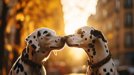 Dwa psy dalmatyńczyki całują się podczas zachodu słońca - obrazy, fototapety, plakaty