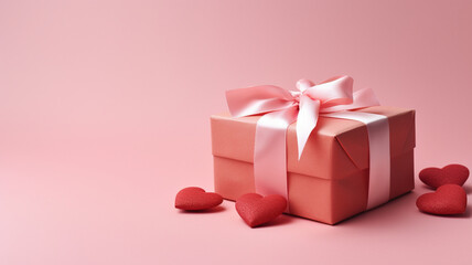 Różowe pudełko, prezent na różowym tle z sercami  - obrazy, fototapety, plakaty