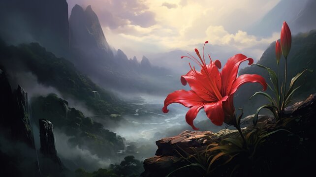 Red tiger lily flower nature cloudy mountain pictures AI Generated art