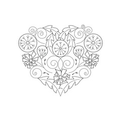 Beautiful floral design element in the shape of a heart. Stylized dandelion flowers and leaves.