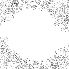 Abstract semicircular floral frame made of arcs. Contour black and white dandelions, stylized plant vector background. 