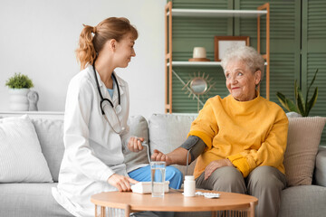 Doctor measuring blood pressure of senior woman at home