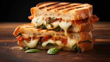 Zelfklevend Fotobehang Sandwich with mozzarella, tomato and basil on a wooden board © Alex