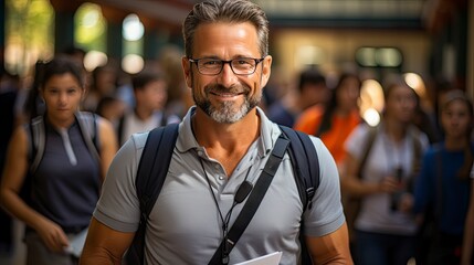 Smiling man in crowd, emanating confidence amid bustle.