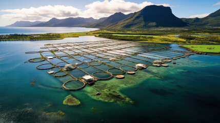 High angle aerial view of a a fish farm off the coast in the blue, sea during day time